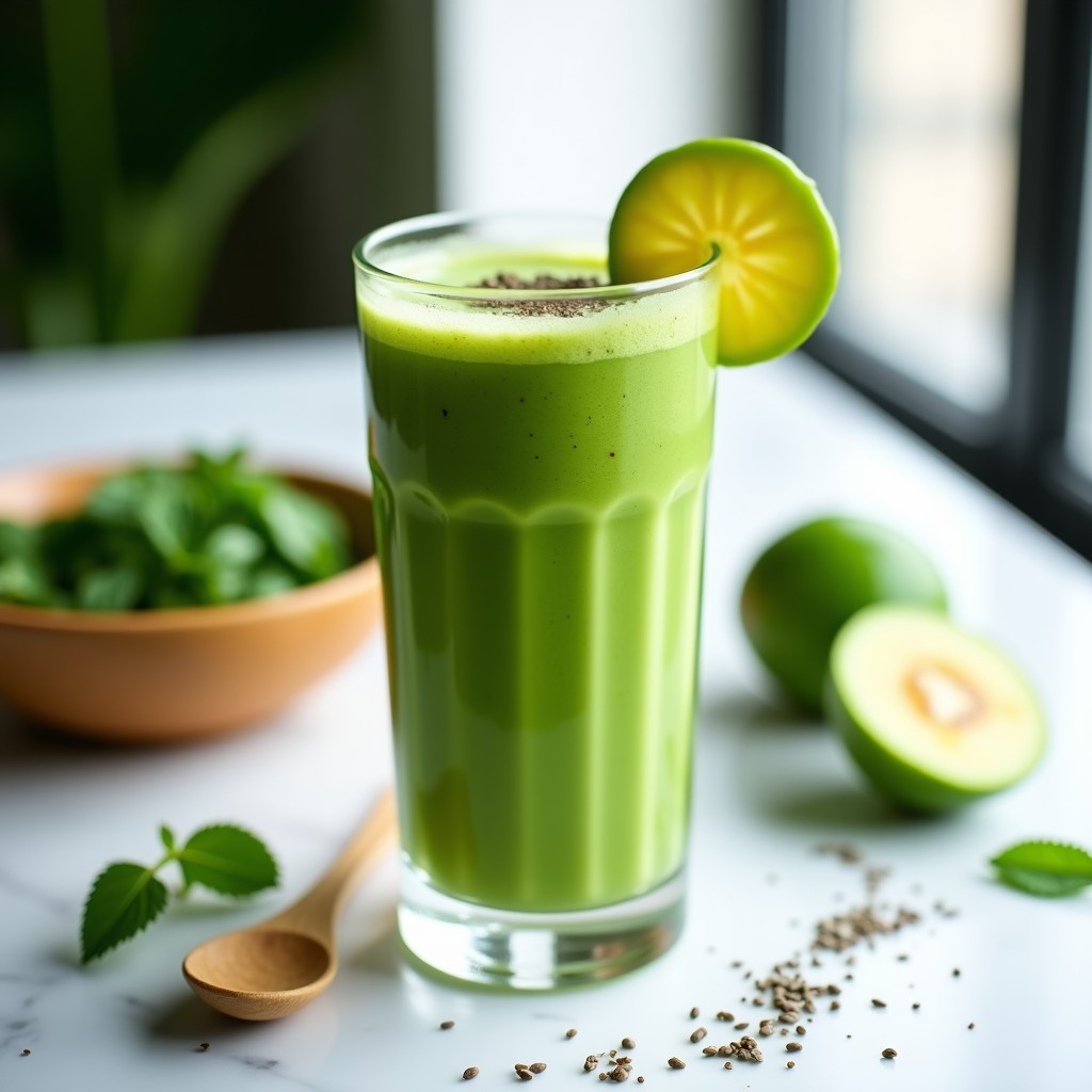 Vaso alto transparente con batido de guayaba, espirulina y jengibre, de color verde tropical intenso, decorado con semillas de chía y una rodaja de guayaba. Fondo claro con hojas de menta y una cucharadita de espirulina en polvo al lado.