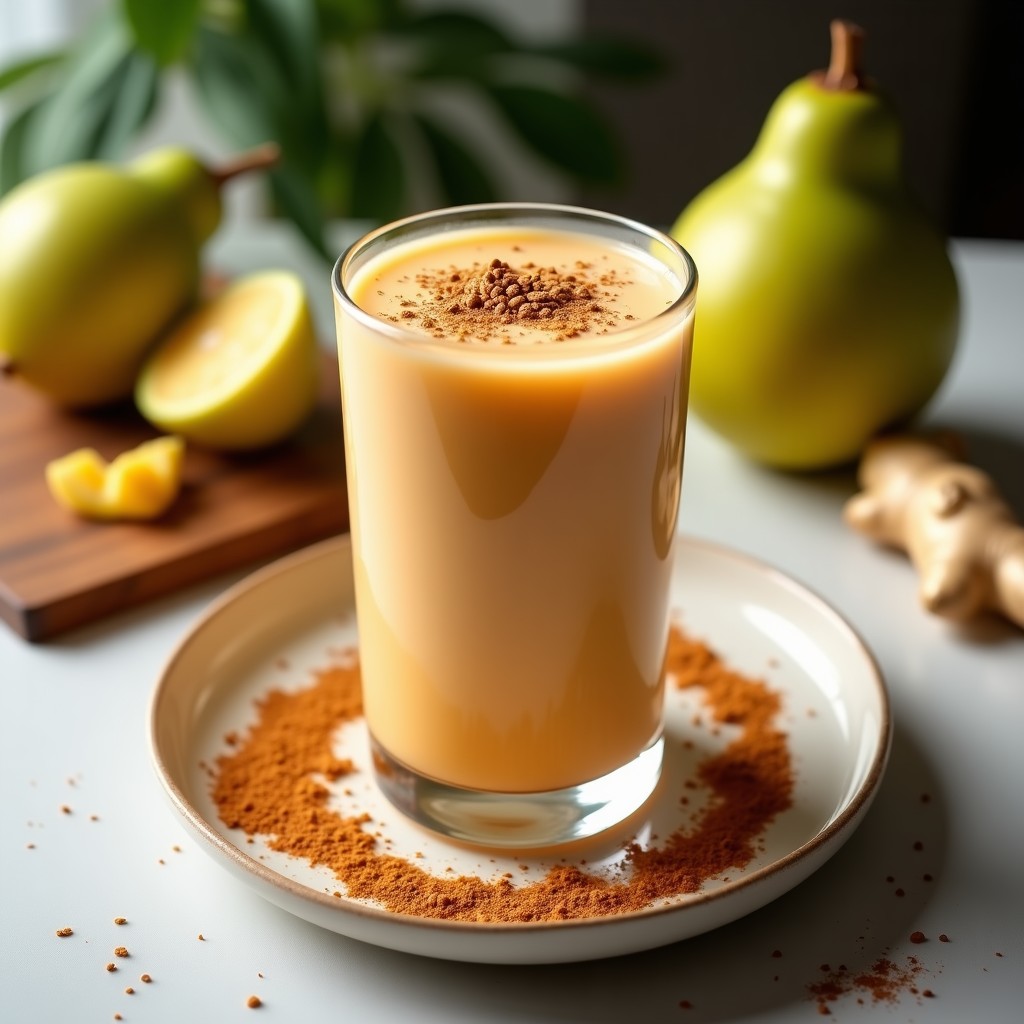 Vaso alto transparente con batido de guayaba y jengibre con leche de avena, decorado con canela en polvo y una rodaja de guayaba fresca, sobre fondo de madera rústica con hojas de menta.
