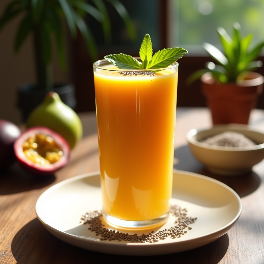 Vaso alto de cristal con batido de guayaba y maracuyá con semillas de chía, decorado con hojas de menta y semillas de chía espolvoreadas en la superficie. Fondo con frutas tropicales frescas y luz natural.