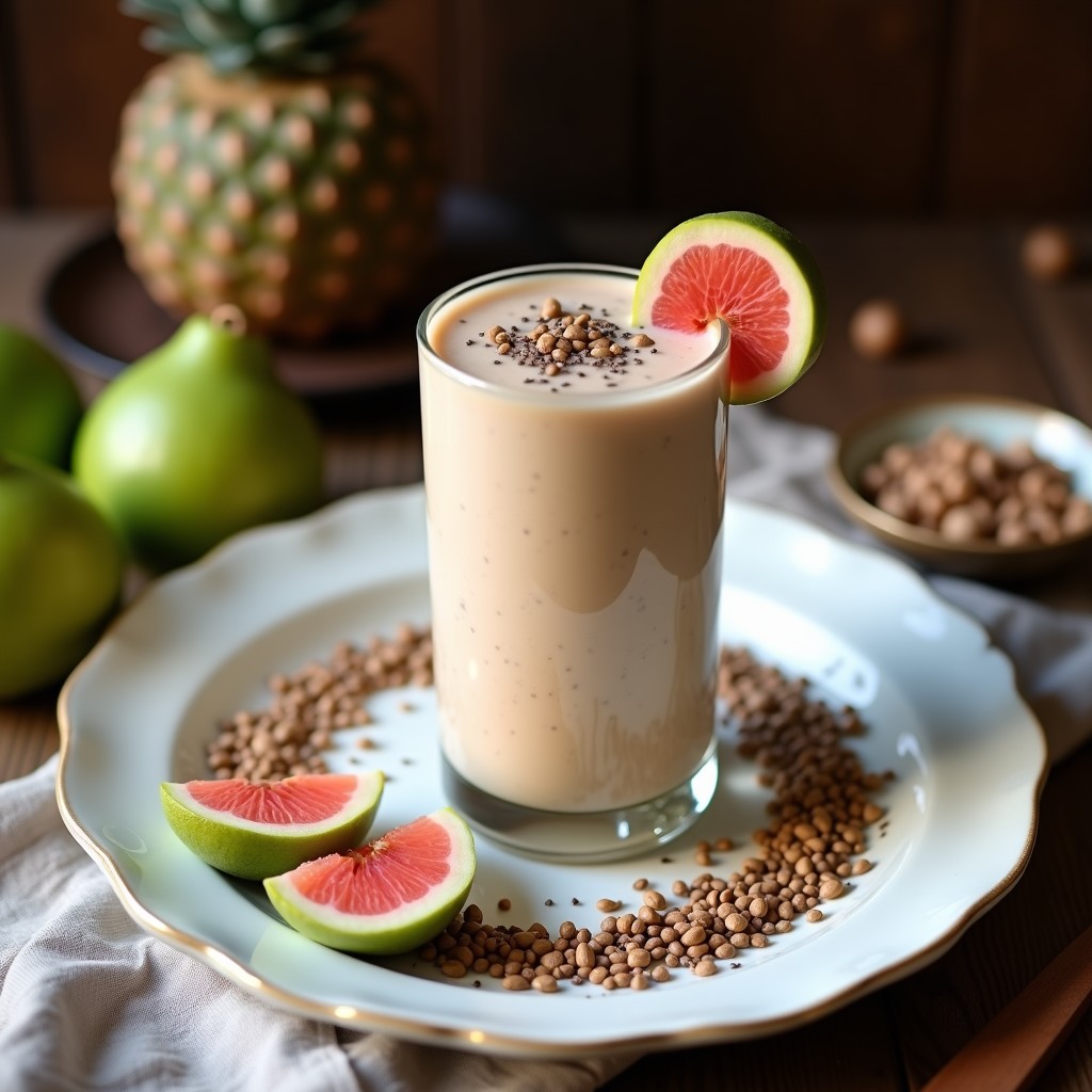 Vaso alto transparente con batido cremoso de guayaba y yogur de coco, espolvoreado con semillas de chía negras y decorado con una rodaja de guayaba fresca. Fondo blanco con hojas de menta y una cucharita de madera.