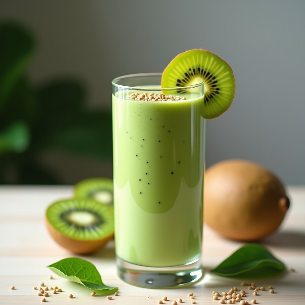 Vaso alto transparente con batido verde cremoso de kéfir y kiwi, decorado con semillas de cáñamo espolvoreadas, una rodaja de kiwi y una hoja de espinaca. Fondo claro con textura de madera rústica.