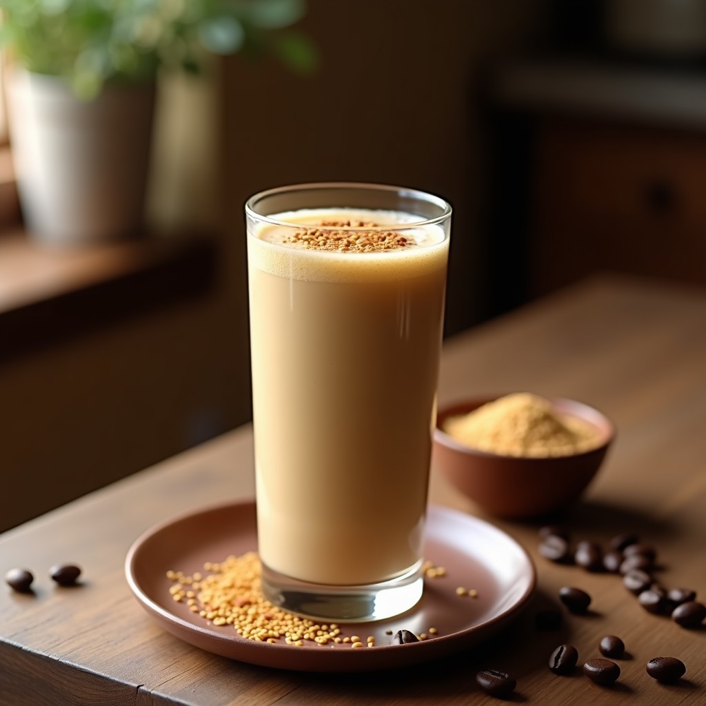 Vaso alto transparente con batido de lucuma y café, espumoso y cremoso, decorado con canela en polvo y semillas de chía, sobre una mesa de madera con granos de café y fruta de lúcuma al fondo.