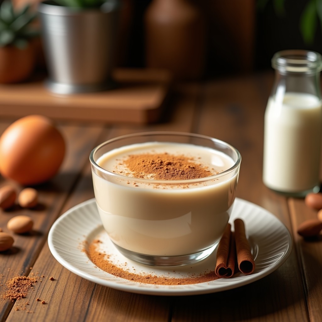 Vaso alto transparente con batido de lucuma y canela, espolvoreado con canela en polvo y decorado con semillas de chía tostadas. Fondo con textura de madera rústica y hojas de lucuma fresca, iluminación cálida que resalta el color dorado del batido.