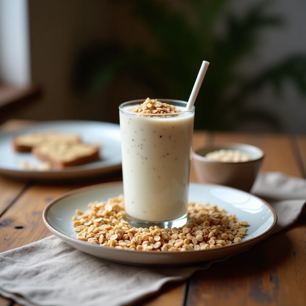 Vaso alto transparente con batido cremoso de color beige claro, coronado con coco rallado tostado dorado y una pizca de canela. Fondo rústico con detalles andinos y una cucharita de madera. Receta de batido de maca y leche de avena con topping de coco, desayuno energético.