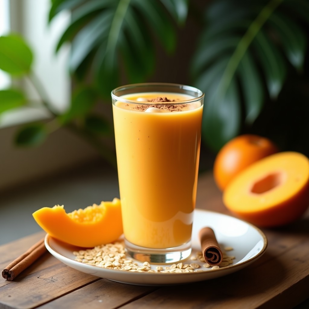 Vaso alto transparente con batido de mamey y avena de color naranja cremoso, espolvoreado con semillas de lino doradas y canela, servido sobre una mesa de madera con fondo de hojas tropicales y un trozo de mamey fresco.
