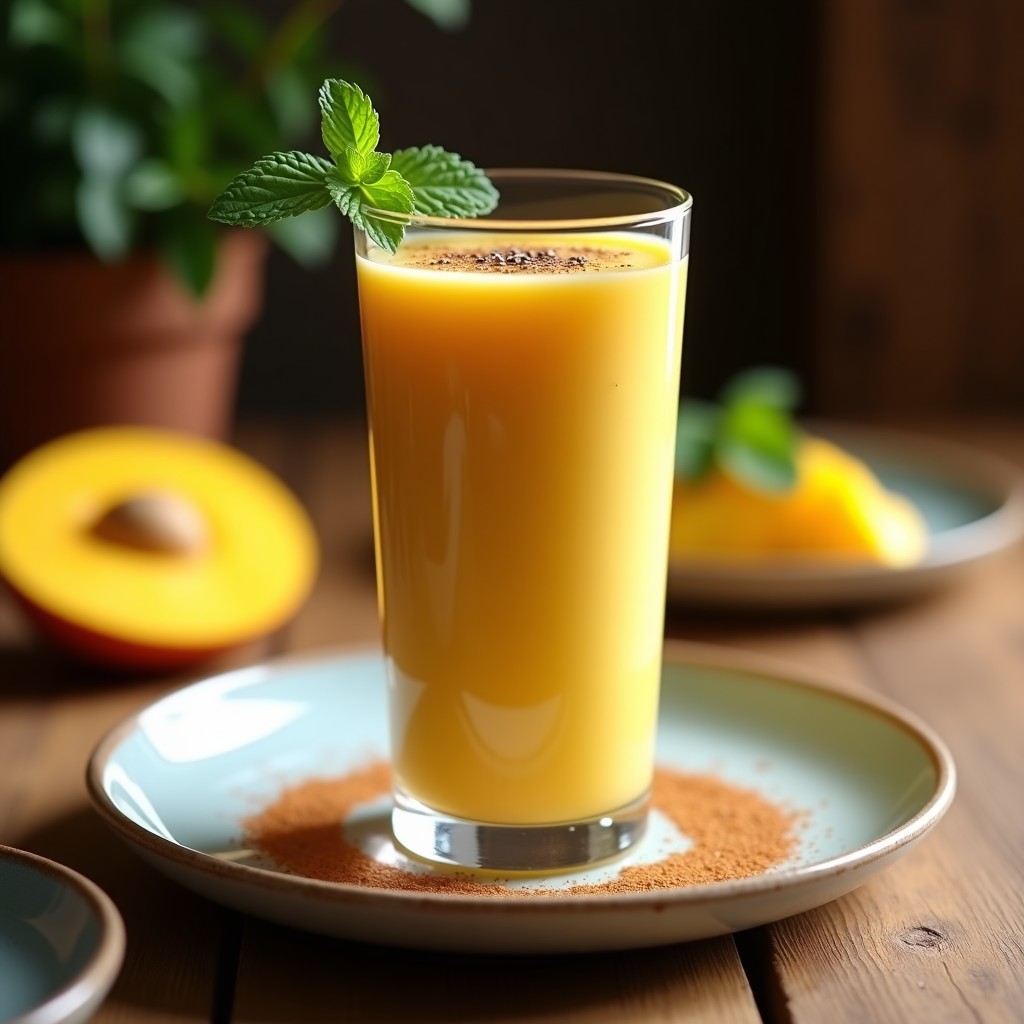 Vaso alto transparente con batido de mango y chía con leche de almendras, decorado con semillas de chía y canela en polvo, sobre fondo de madera con hojas de menta fresca.