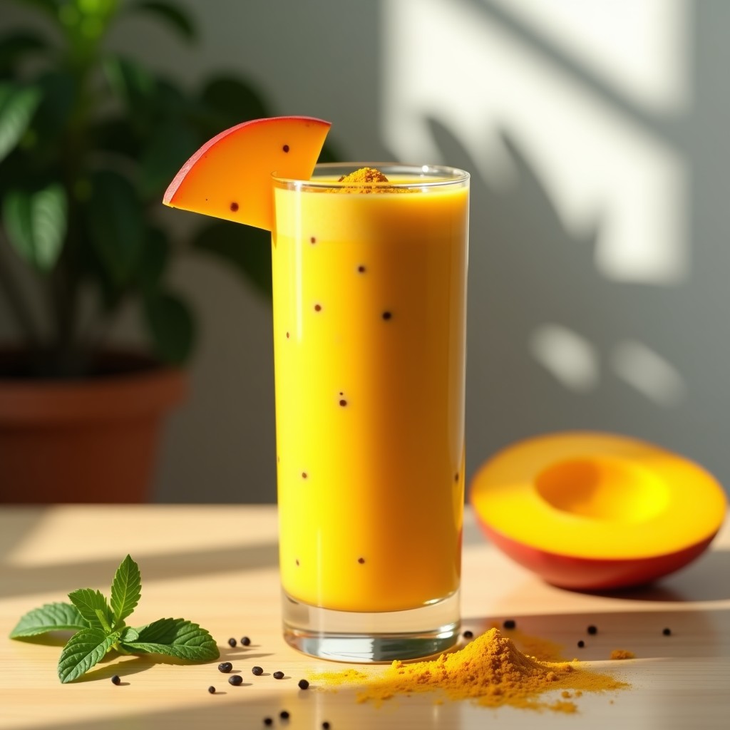 Batido de mango y chía con leche de cúrcuma en vaso alto transparente, decorado con rodaja de mango y pizca de cúrcuma en polvo, sobre fondo de madera clara con hojas de menta fresca y semillas de chía esparcidas. Bebida detox veraniega cremosa y colorida.