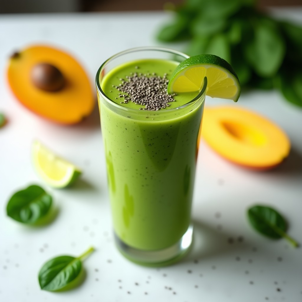 Batido verde vibrante en vaso alto con pajita de bambú, servido sobre una mesa rústica de madera con rodajas de mango, hojas de espinaca fresca y semillas de chía esparcidas alrededor. El batido tiene una textura cremosa y un color verde intenso con tonos amarillos del mango.