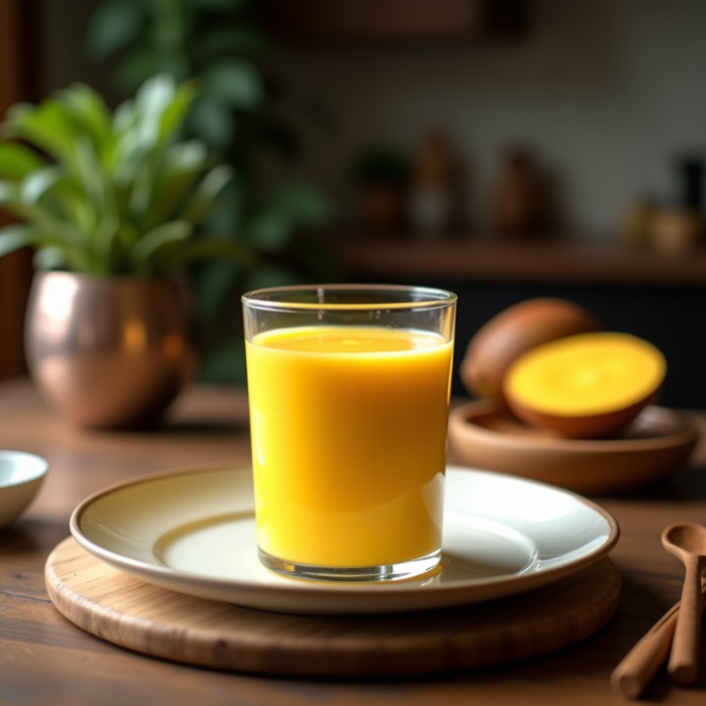 Vaso alto de cristal con batido de mango y turmérico con leche de coco, color amarillo dorado, decorado con canela en polvo y coco rallado, servido sobre una mesa de madera con mangos frescos y una raíz de turmérico al lado.