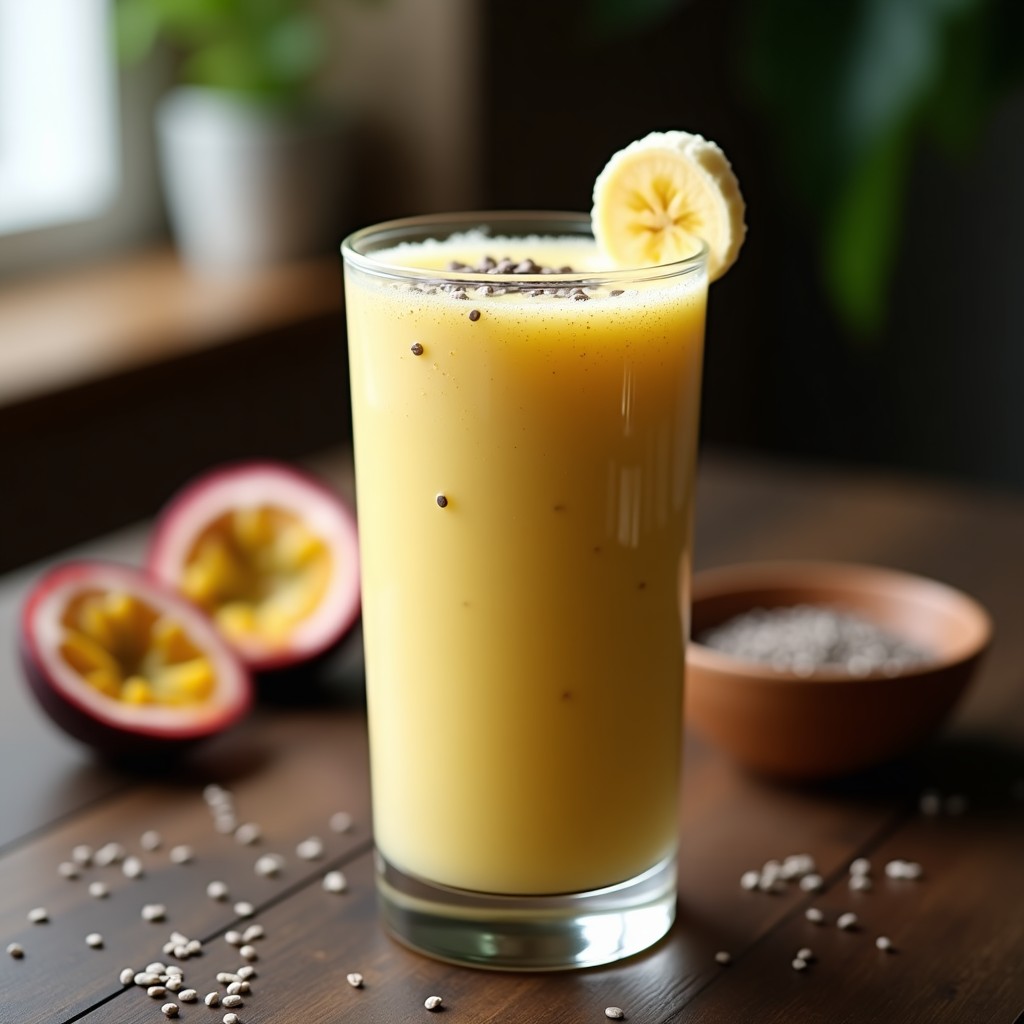 Vaso alto transparente con batido de maracuyá y plátano con proteína en polvo, color amarillo cremoso con toques dorados, decorado con semillas de chía y una rodaja de plátano. Fondo oscuro con gotas de condensación en el vaso, iluminación natural que resalta la textura espumosa. Bebida energética post-entreno sin lactosa.