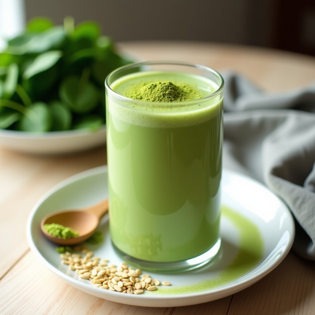 Vaso alto transparente con batido verde cremoso de matcha, espinacas y leche de avena, decorado con una pizca de matcha en polvo en la superficie. Fondo minimalista con hojas de espinaca frescas y una cucharita de madera.