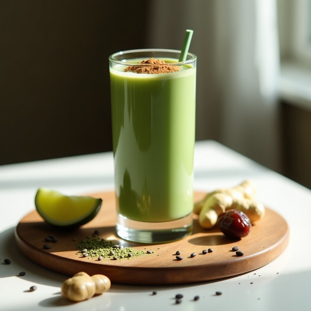 Vaso alto de cristal con batido de matcha, espirulina y leche de camello, espolvoreado con canela y matcha en polvo, acompañado de semillas de chía y una rodaja de jengibre fresco sobre una tabla de madera rústica con fondo claro.
