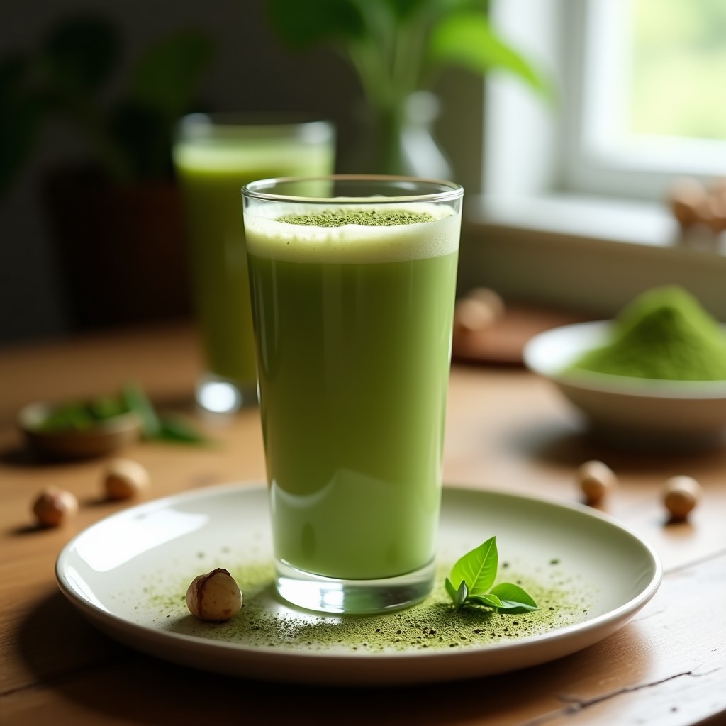 Vaso alto de cristal con Batido de Matcha y Leche de Avellanas, espuma cremosa en la superficie, decorado con una pizca de matcha en polvo y semillas de chía. Fondo con avellanas tostadas y hojas de té verde.