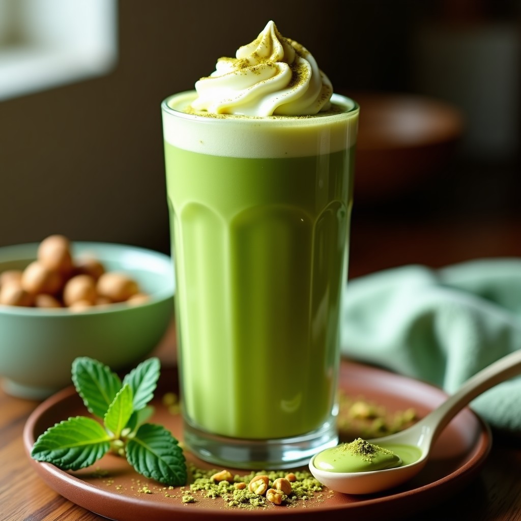 Vaso alto de cristal con batido verde esmeralda de matcha y pistacho, coronado con una cucharada de crema de pistacho y espolvoreado con matcha en polvo. Fondo con hojas de menta y pistachos troceados sobre una mesa de madera rústica.