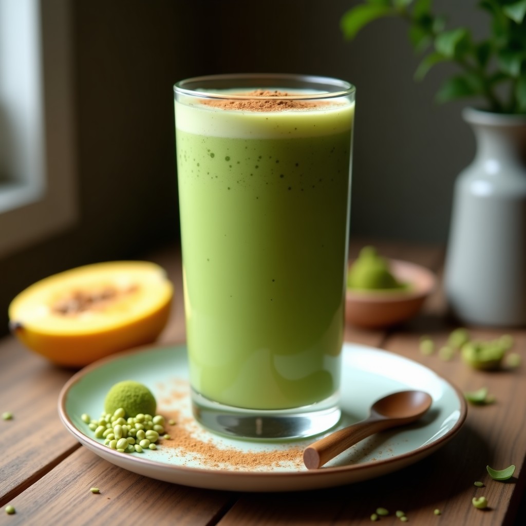 Vaso alto transparente con batido verde esmeralda de matcha y plátano macho, coronado con espolvoreado de canela y matcha, servido sobre una mesa de madera con semillas de chía y una cuchara de bambú. Bebida energizante pre-entreno fresca y cremosa.