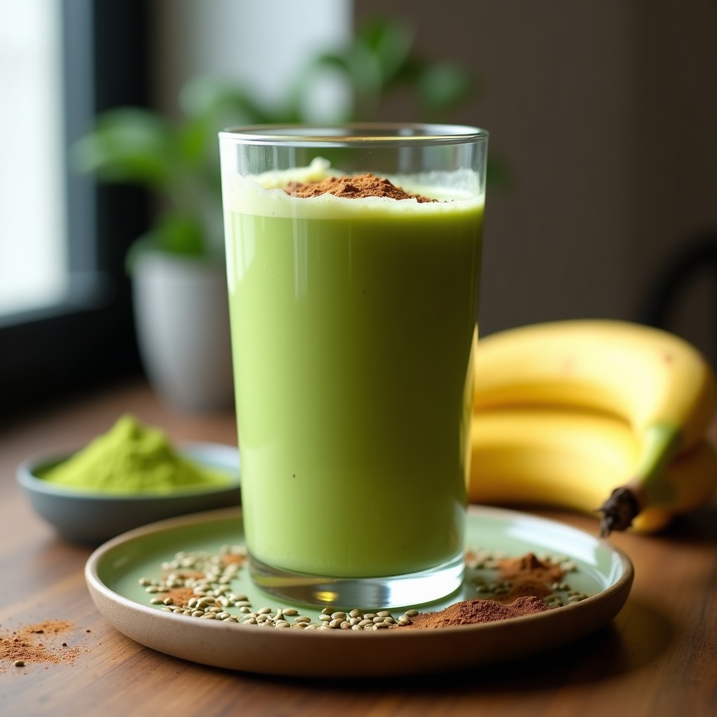 Vaso alto transparente con batido de matcha y plátano, espolvoreado con semillas de cáñamo y canela, sobre una mesa de madera con ingredientes al fondo: plátano, matcha en polvo y semillas de cáñamo.