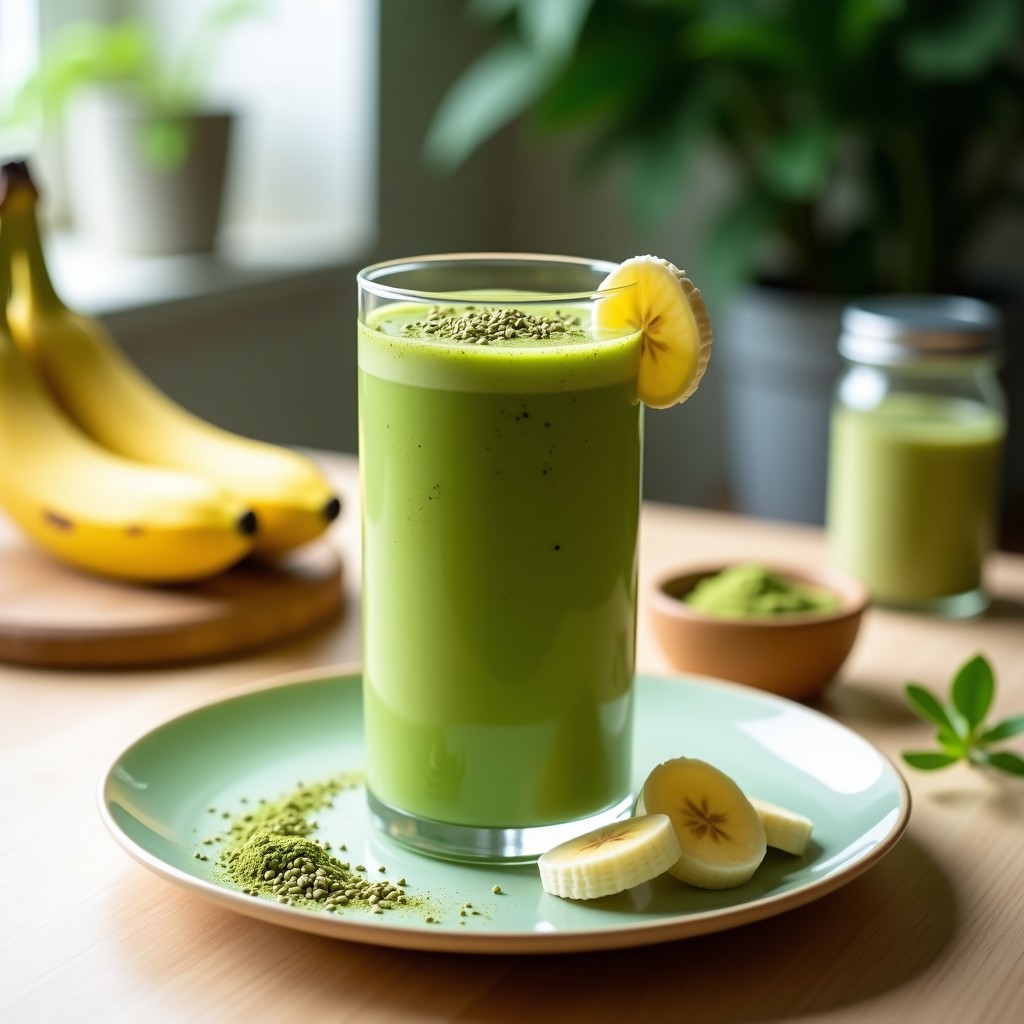 Batido de Matcha y Plátano con Semillas de Cáñamo: Desayuno Energético Vegano