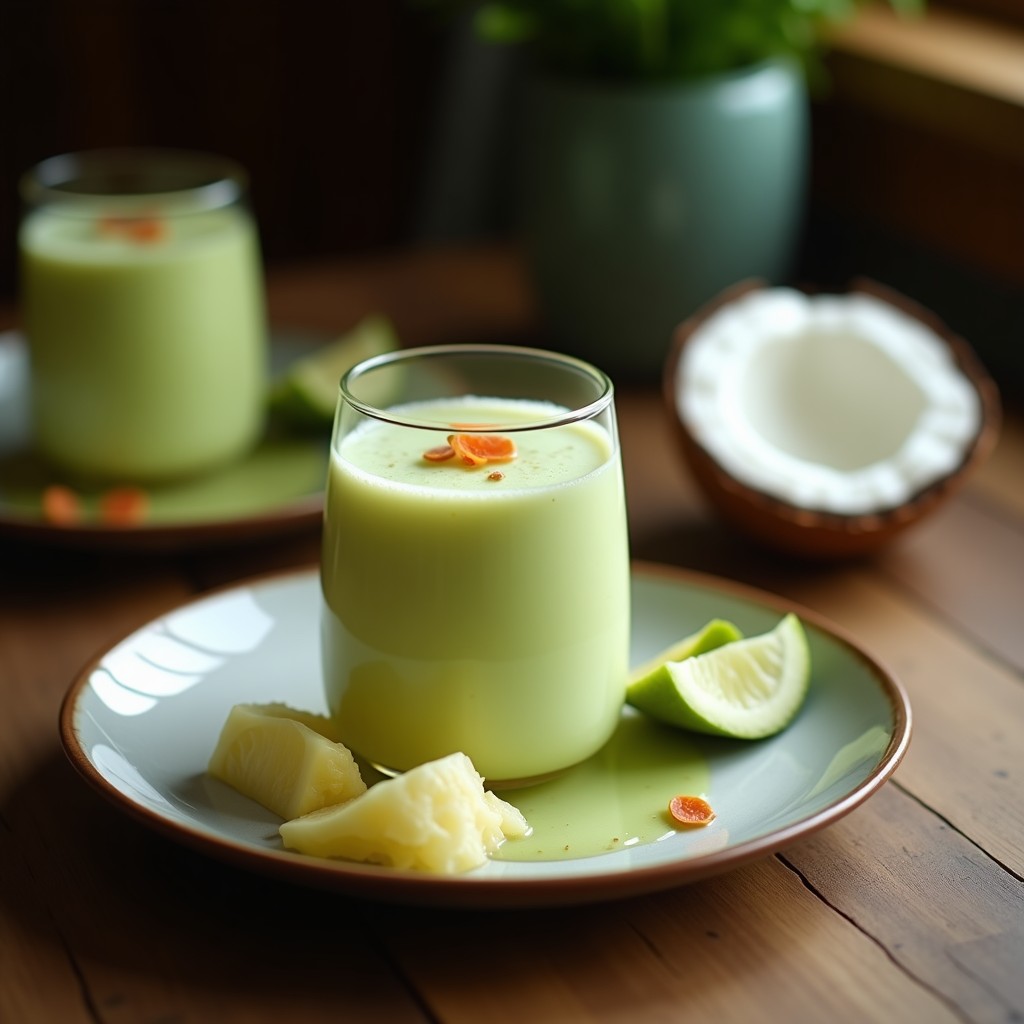 Vaso alto transparente con batido de melón amargo y leche de coco, de color verde claro con espuma cremosa, decorado con semillas de chía y una rodaja de limón verde al borde. Fondo de encimera de madera con hojas de menta y un melón amargo cortado en trozos.