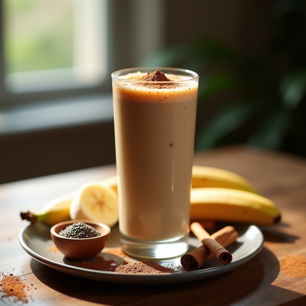 Vaso alto de cristal con batido de morgado y canela, espolvoreado con canela en polvo, acompañado de semillas de chía y rodajas de plátano como decoración, sobre un fondo rústico de madera con ingredientes dispersos como morgado en polvo y una ramita de canela.