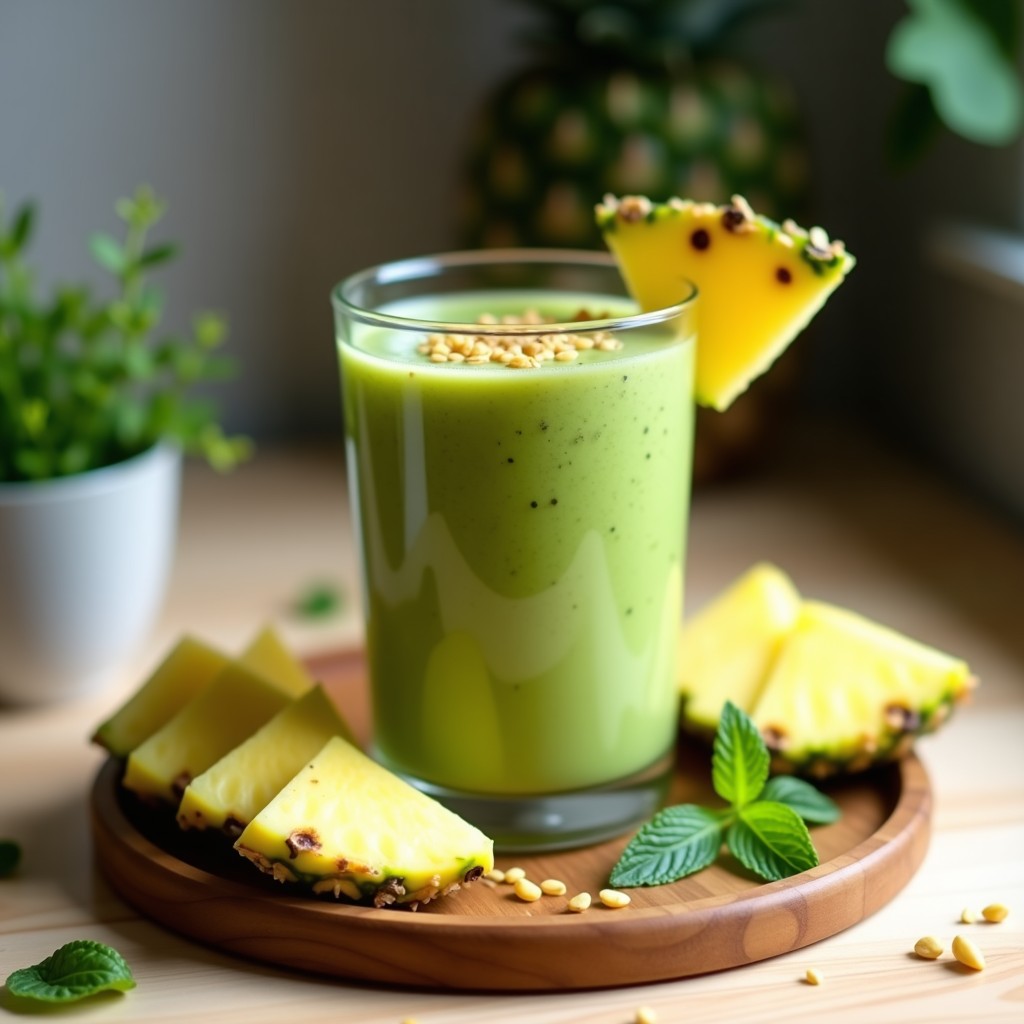 Vaso alto transparente con batido verde vibrante de moringa y piña, coronado con semillas de lino dorado y una rodaja de piña fresca, sobre fondo de madera clara con hojas de menta.