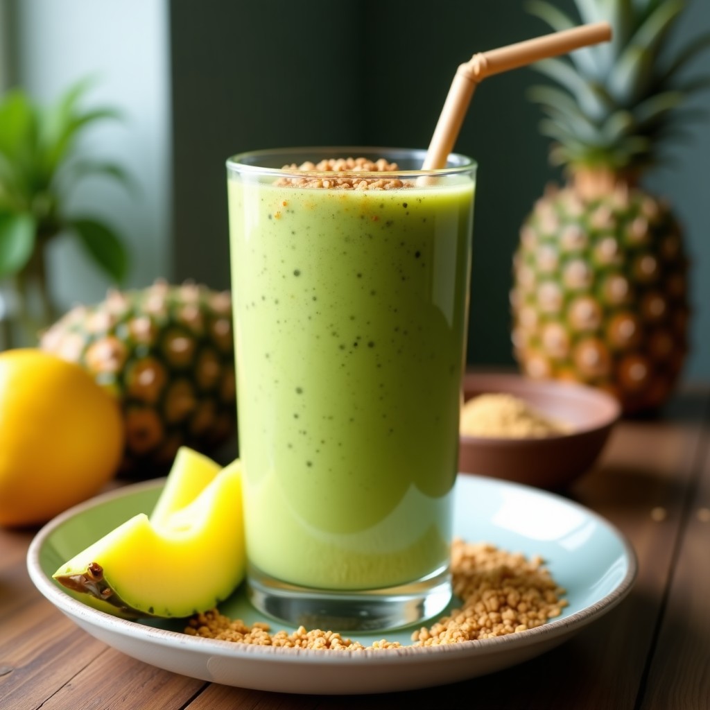 Vaso alto transparente con batido verde cremoso de moringa y piña, coronado con semillas de lino dorado y una pizca de canela, servido con una pajita de bambú sobre una mesa de madera con rodajas de piña fresca al lado.