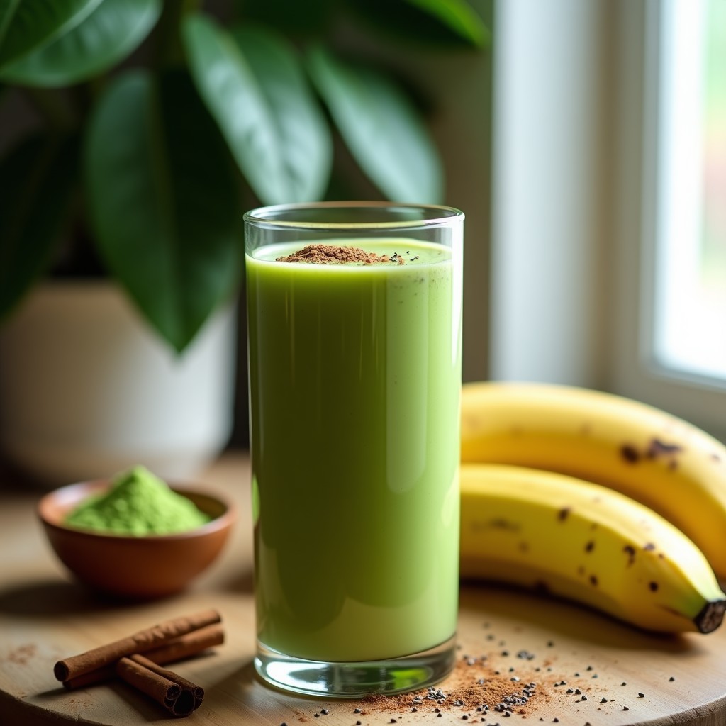 Vaso alto transparente con batido verde cremoso de moringa y plátano, coronado con una pizca de canela y semillas de chía, sobre fondo de madera rústica con ingredientes dispersos: plátano maduro, polvo de moringa y leche de coco.