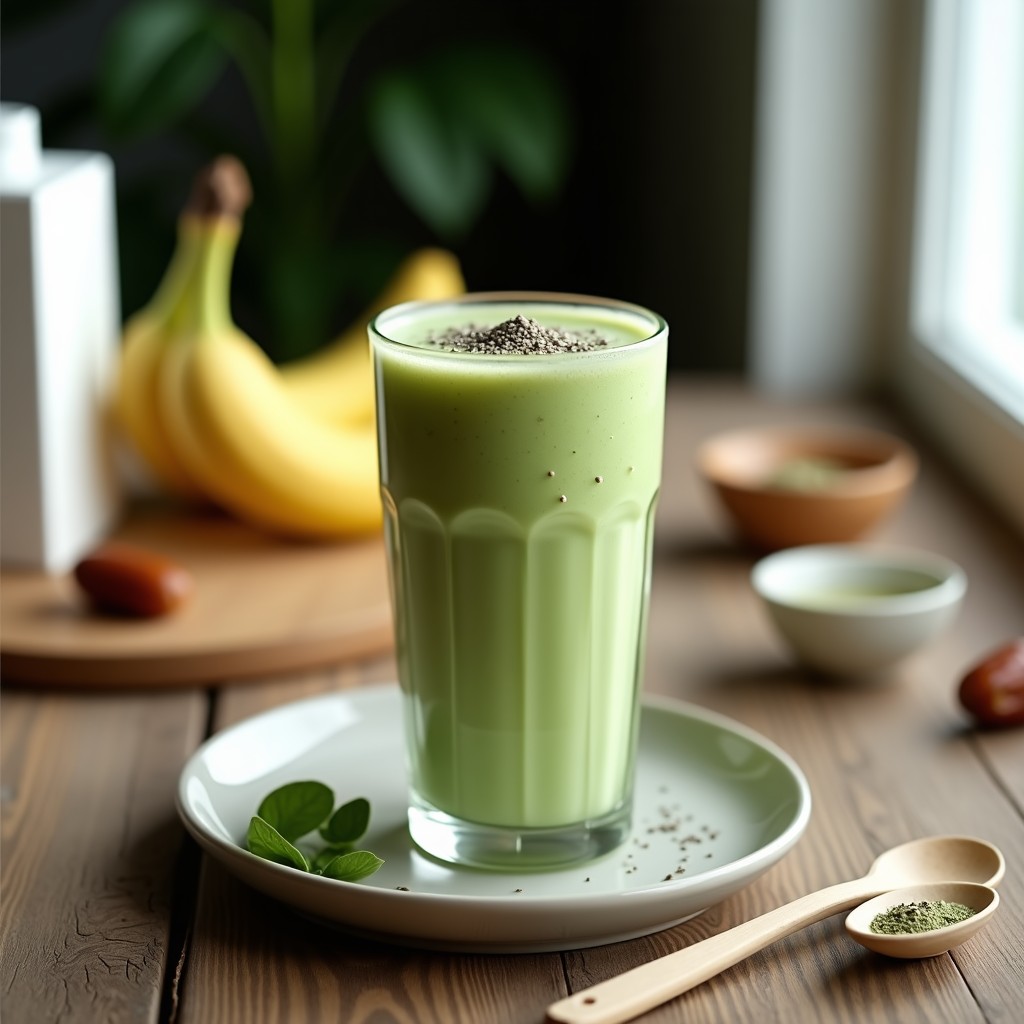 Vaso alto de cristal con batido de moringa y plátano, color verde claro cremoso, decorado con semillas de chía y una pizca de canela. Fondo con hojas de plátano y cucharadita de polvo de moringa al lado, sobre una mesa de madera rústica con luz natural.