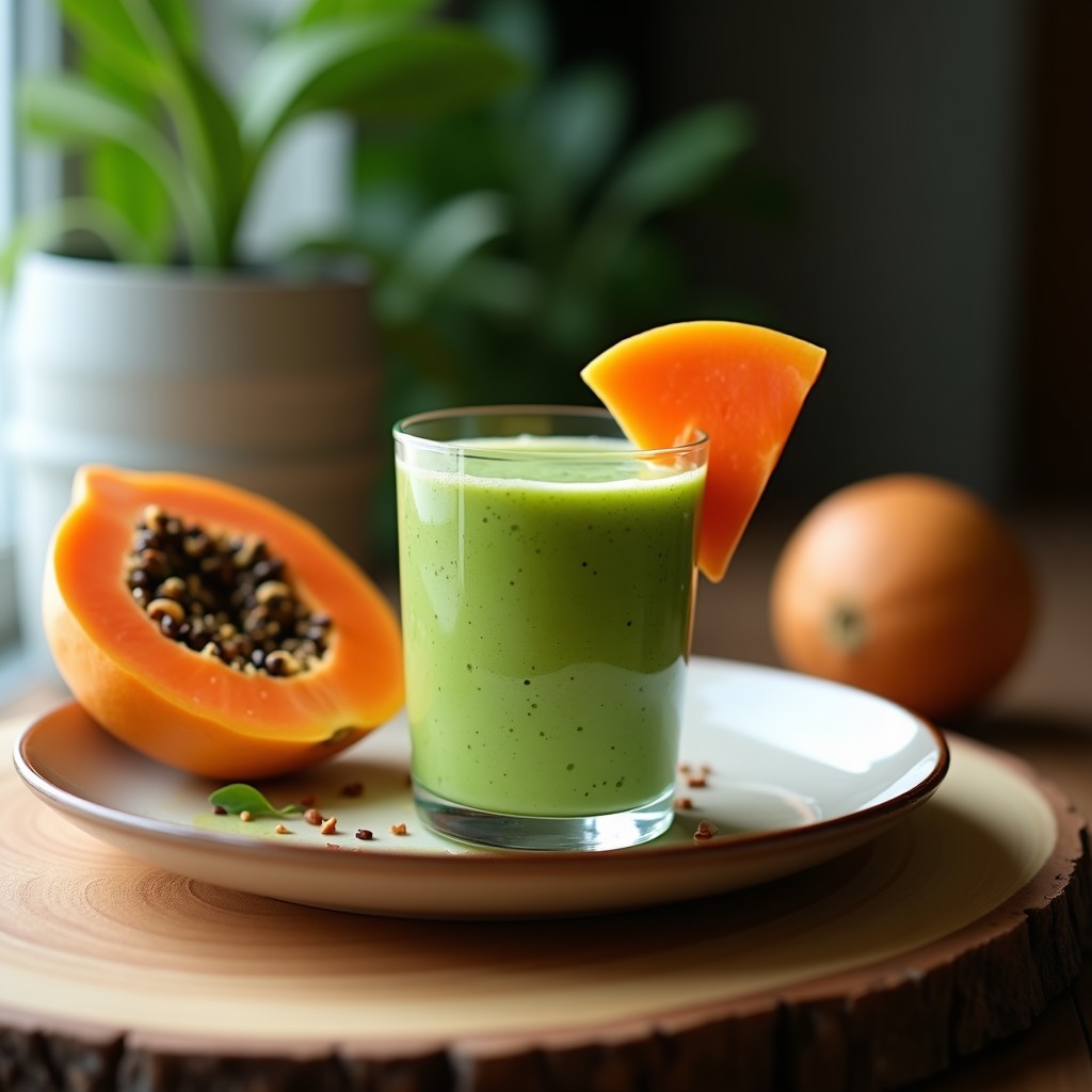 Vaso alto transparente con batido verde cremoso de papaia y espirulina, coronado con semillas de lino y espirulina en polvo. Fondo con hojas de coco y rodajas de papaia fresca.