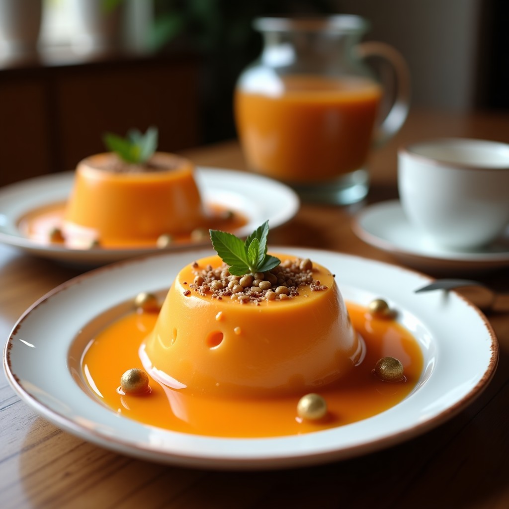 Vaso alto transparente con batido cremoso de papaya y semillas de chía, decorado con hojas de menta fresca y una rodaja de limón. Fondo con trozos de papaya y semillas de chía esparcidas, iluminación natural que resalta los colores tropicales de la bebida digestiva.