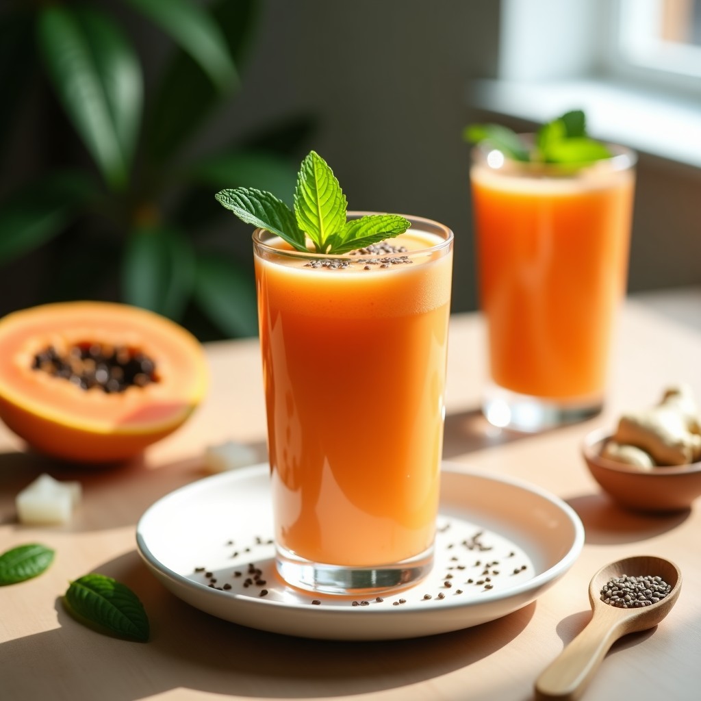 Vaso alto de cristal con batido cremoso de papaya y jengibre, decorado con semillas de chía y hojas de menta fresca. Fondo con ingredientes naturales como rodajas de papaya, jengibre rallado y una cucharada de semillas de chía. Bebida detox y digestiva lista para servir.