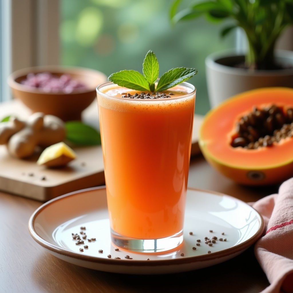 Vaso alto transparente con batido de papaya y kokum con semillas de chía, color naranja vibrante con toques morados del kokum, decorado con hojas de menta y semillas de chía en la superficie, fondo de madera rústica con ingredientes dispersos: trozos de papaya, kokum seco y cucharada de chía.