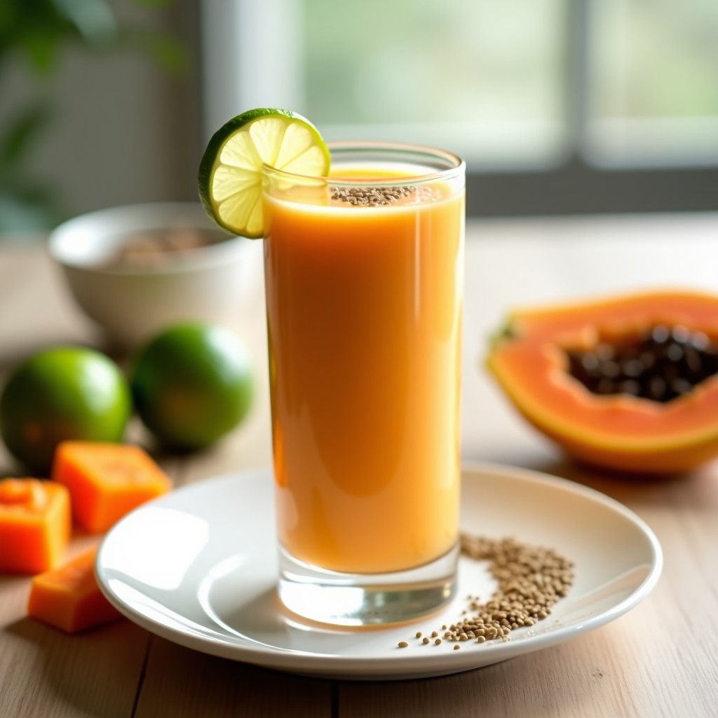 Vaso alto transparente con batido cremoso de color naranja claro, decorado con rodajas de lima y semillas de hemp espolvoreadas. Fondo con ingredientes como papaya en cubos, limas y semillas de cáñamo. Bebida energética sin lactosa y rica en omega-3.