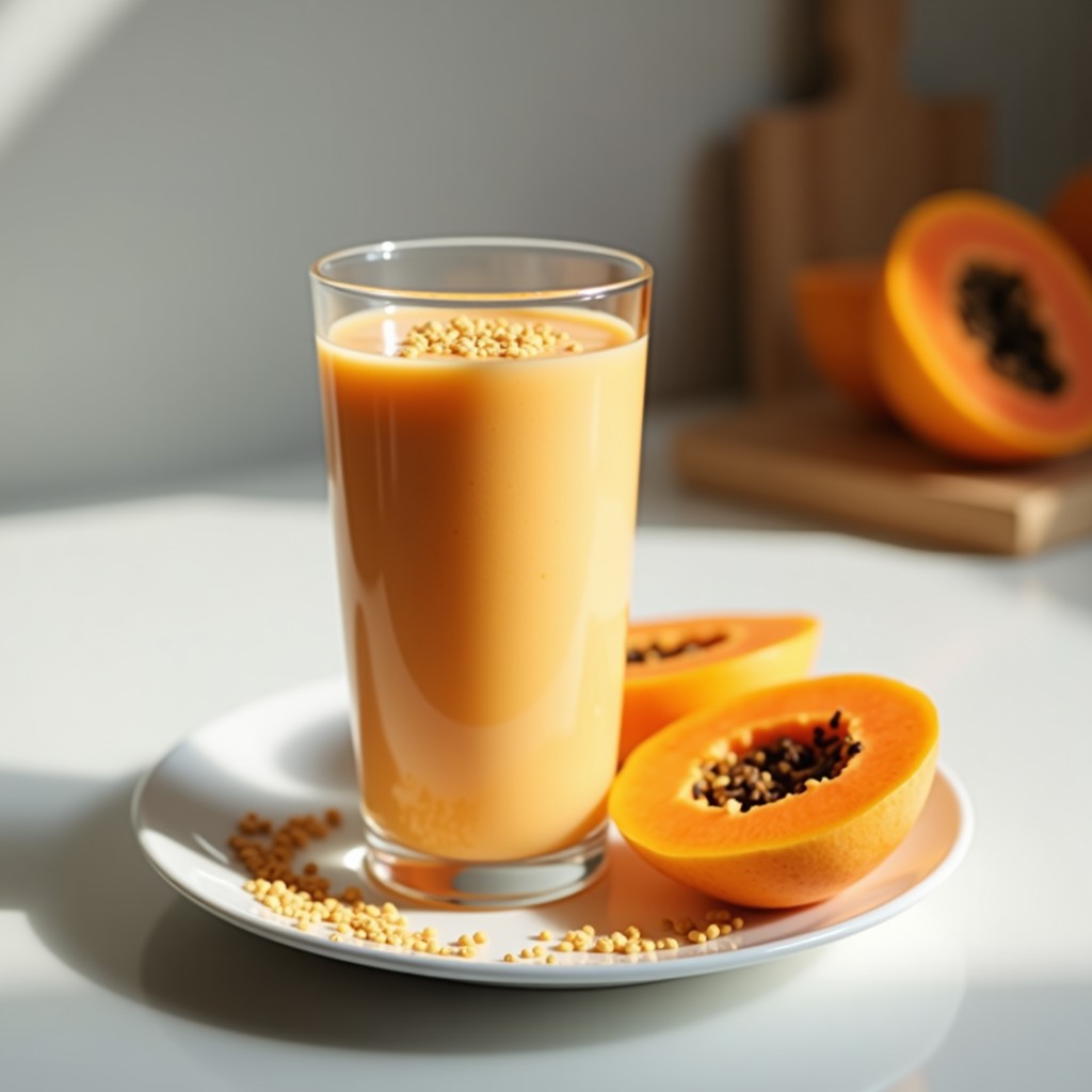 Vaso alto transparente con batido cremoso de color naranja claro, decorado con semillas de lino dorado en la superficie, junto a una rodaja de papaya y un fondo de cocina minimalista. Bebida digestiva y rica en fibra.