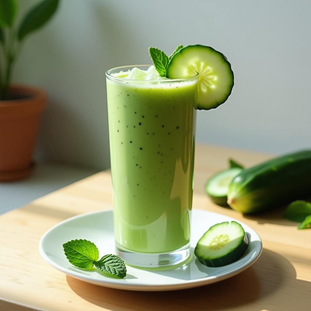 Vaso alto transparente con batido verde claro de pepino salado y alpiste, decorado con rodaja de pepino y hoja de menta, servido con hielo y fondo de cocina minimalista.