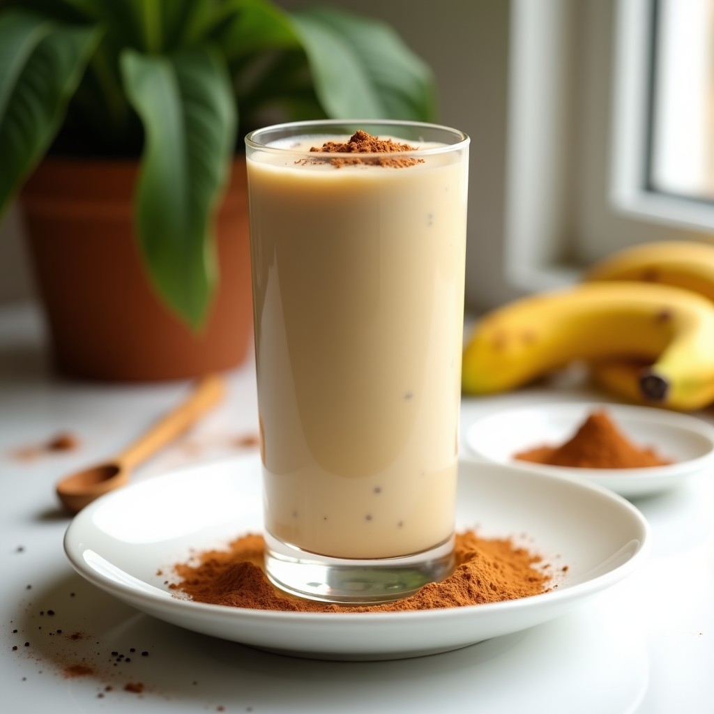 Vaso alto transparente con batido de péptidos de guisante y plátano con canela, de color crema claro con vetas doradas, decorado con una pizca de canela en polvo y semillas de chía. Fondo claro con ingredientes dispersos: plátano, cucharita de canela y polvo de péptidos.