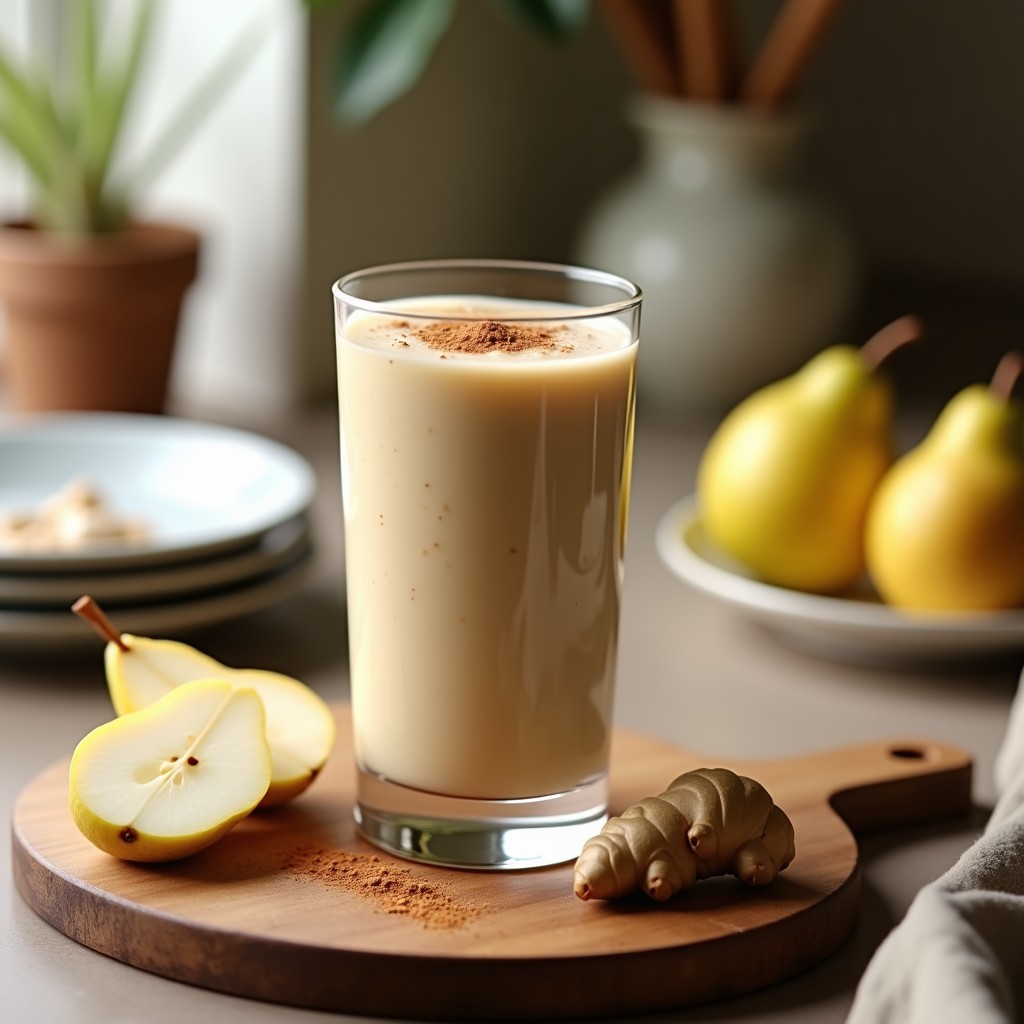 Vaso alto transparente con batido cremoso de color beige claro, coronado con una pizca de canela en polvo, junto a rodajas de pera fresca y un trozo de jengibre sobre una tabla de madera rústica. Bebida digestiva y antiinflamatoria de pera y jengibre con leche de avellanas.