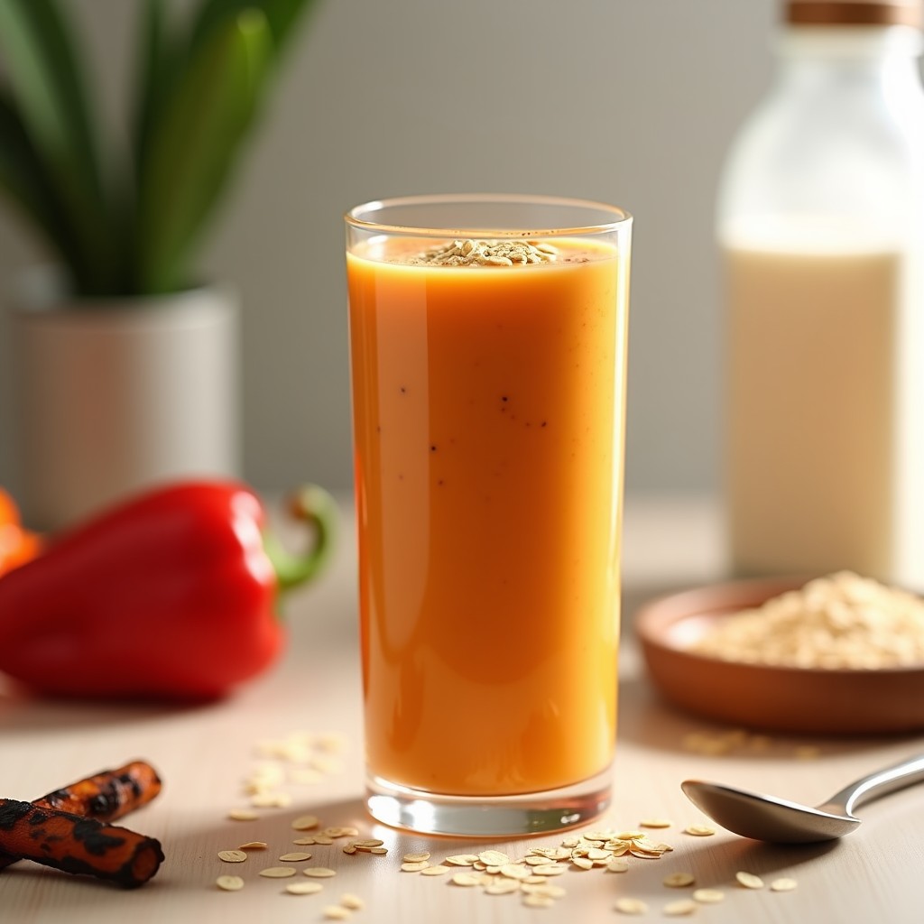 Vaso alto transparente con batido de piperón asado y avena, color naranja cremoso, decorado con semillas de lino y una pizca de canela. Fondo de cocina moderna con ingredientes dispersos: piperones asados, avena y leche de almendras.
