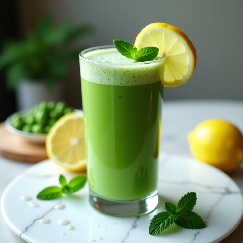 Vaso alto transparente con batido verde cremoso de pisello, mentol y spirulina, decorado con una rodaja de limón y hojas de menta, sobre fondo blanco con gotas de agua condensada.