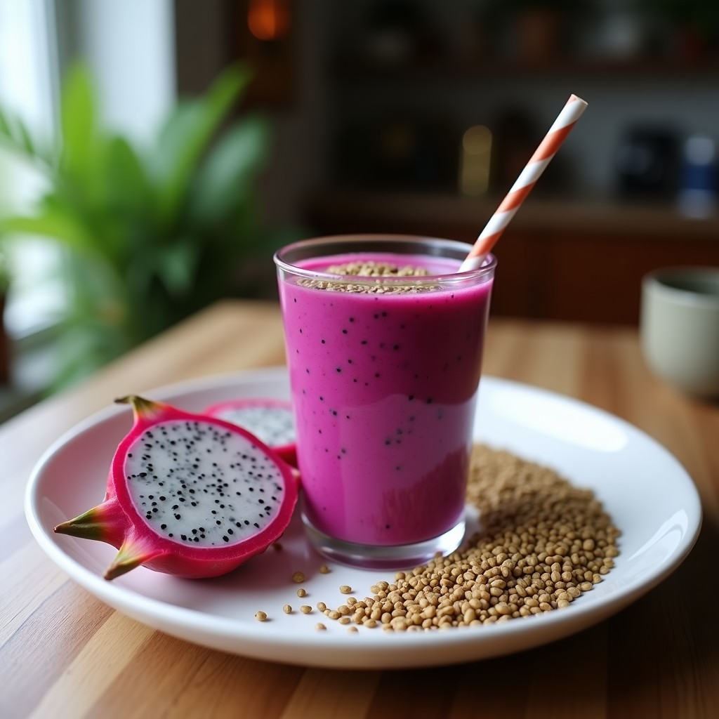 Vaso alto transparente con batido rosa pálido de pitahaya y leche de coco, coronado con semillas de cáñamo y un toque de canela. Fondo de encimera de madera rústica con pitahayas abiertas y semillas de cáñamo esparcidas. Bebida antiinflamatoria tradicional centroamericana.