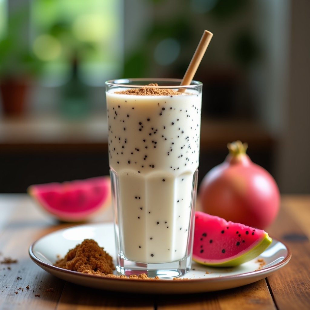 Vaso alto transparente con batido de pitahaya y chía, de color blanco con puntos negros de semillas, decorado con canela en polvo y semillas de pitahaya, servido con una pajita de bambú sobre fondo rústico de madera.