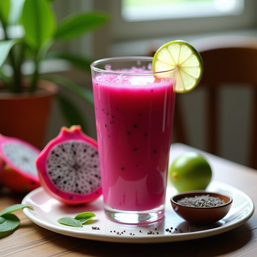 Batido de pitahaya rosa y limón kaffir en vaso transparente con decoración de agua de rosas y rodaja de limón kaffir, fondo borroso con hojas verdes e ingredientes frescos alrededor.
