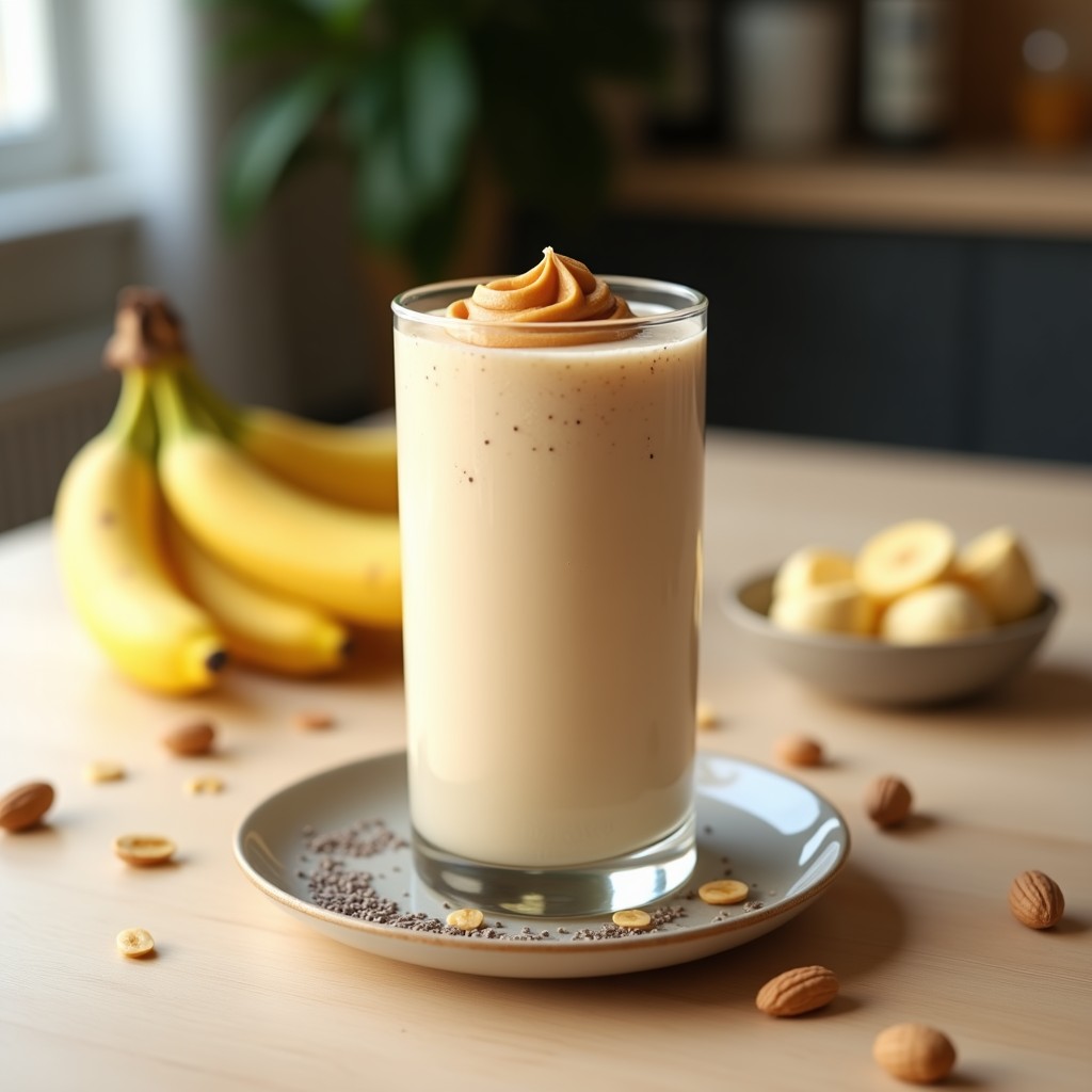 Vaso alto transparente con batido de proteína de cacahuete y plátano, espeso y cremoso, decorado con un hilo de mantequilla de cacahuete y semillas de chía. Fondo neutro con plátanos y cacahuetes esparcidos.