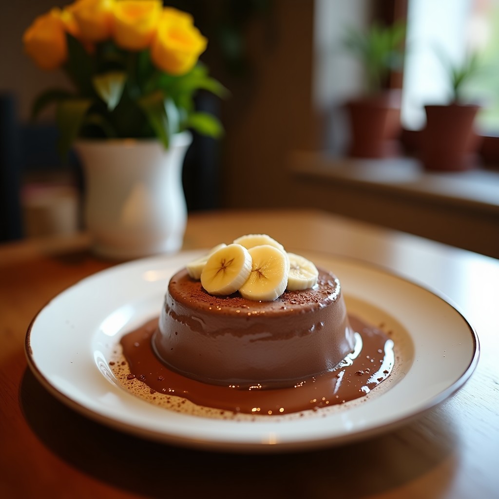 Vaso alto transparente con batido de proteína de cacao, banana y espinacas, coronado con semillas de cáñamo y un toque de cacao en polvo. Fondo neutro con espinacas frescas y rodajas de plátano como decoración. Receta de desayuno alto en proteína y vegano.