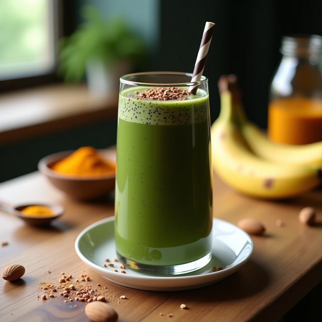 Vaso alto transparente con batido espeso de color verde oscuro y tonos marrones, decorado con semillas de chía y cacao en polvo. Fondo de encimera de madera con ingredientes dispersos: plátano, espirulina en polvo y cúrcuma. Receta de batido vegano de proteína de cacao y espirulina con leche de cúrcuma.