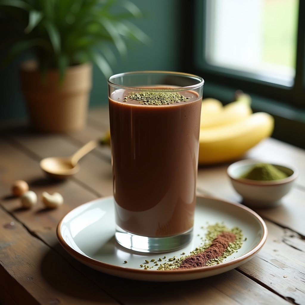 Vaso alto transparente con batido de proteína vegano de cacao y espirulina, espuma cremosa en la superficie y semillas de cáñamo esparcidas. Fondo oscuro con cacao en polvo y una cucharilla de madera.