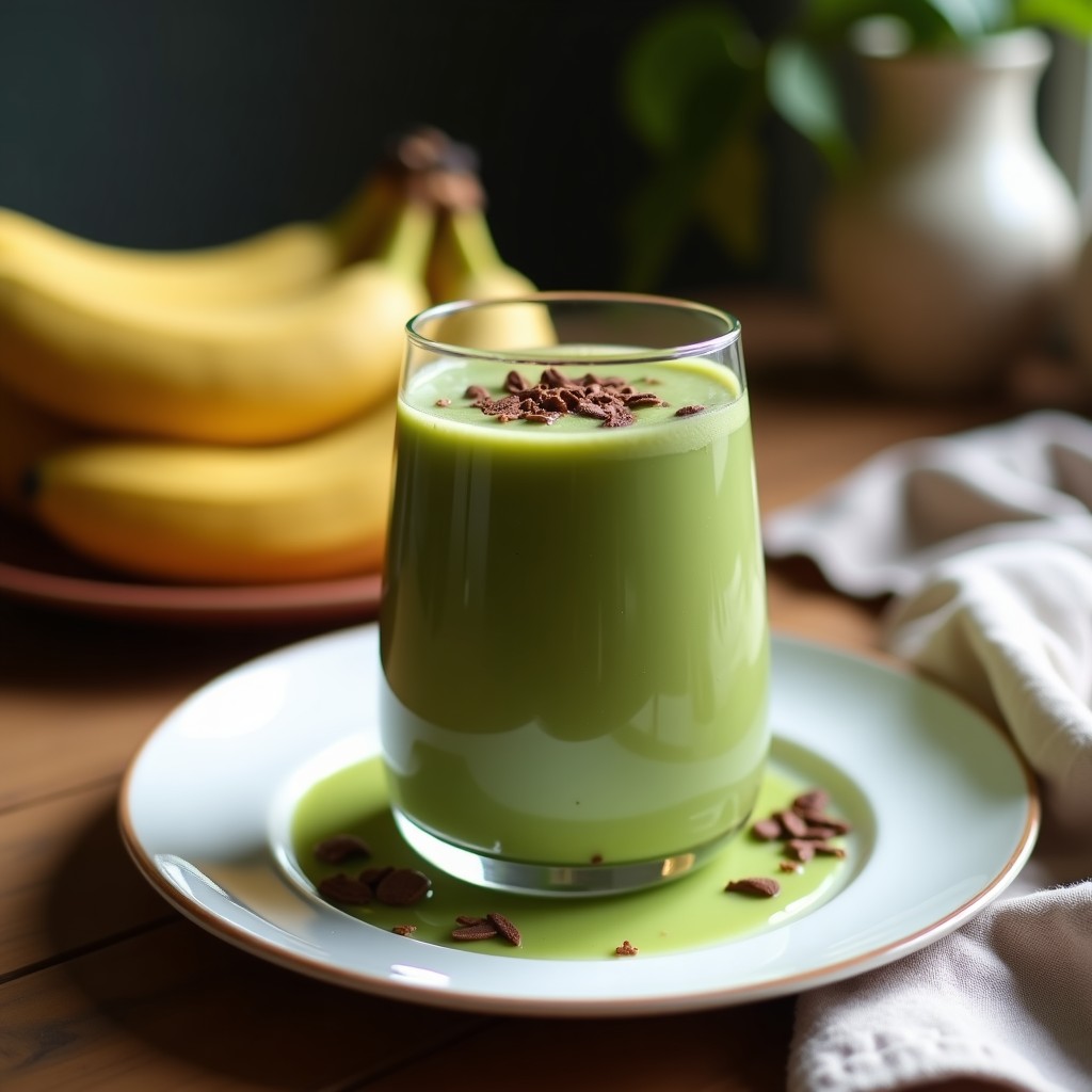 Vaso alto transparente con batido de proteína de chocolate con espirulina y plátano, textura cremosa y color chocolate oscuro, decorado con semillas de chía y cacao en polvo, sobre fondo de madera rústica con ingredientes dispersos