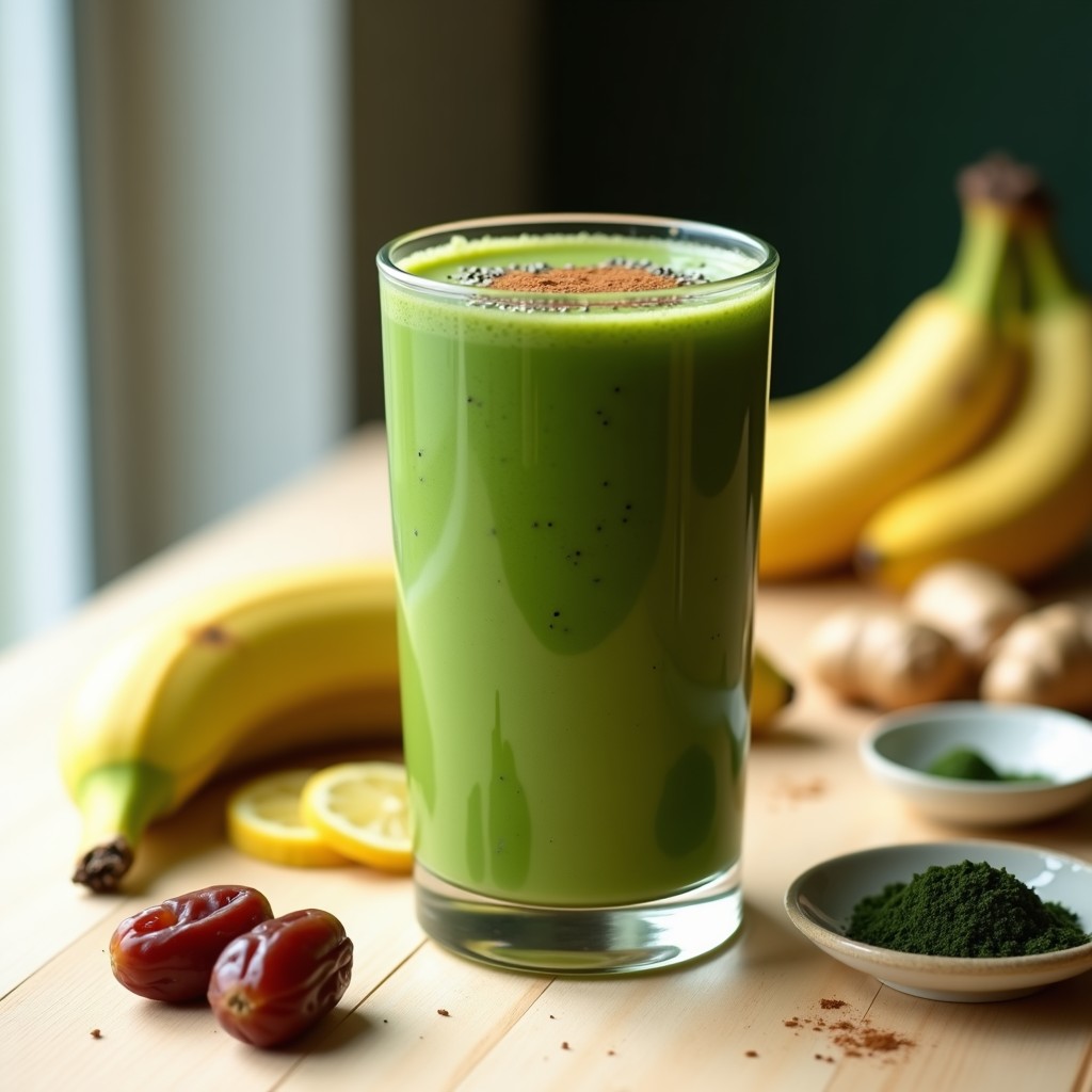 Vaso alto de cristal con batido de proteína de guisante y espirulina, de color verde intenso con toques cremosos, decorado con semillas de calabaza y canela en polvo sobre una mesa de madera rústica con ingredientes al fondo.