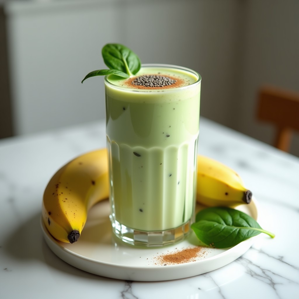 Vaso alto de cristal con batido de proteína de vanilla, espinacas y plátano, de color verde claro cremoso, decorado con semillas de chía y una pizca de canela, sobre fondo blanco con una espinaca fresca y un plátano al lado.
