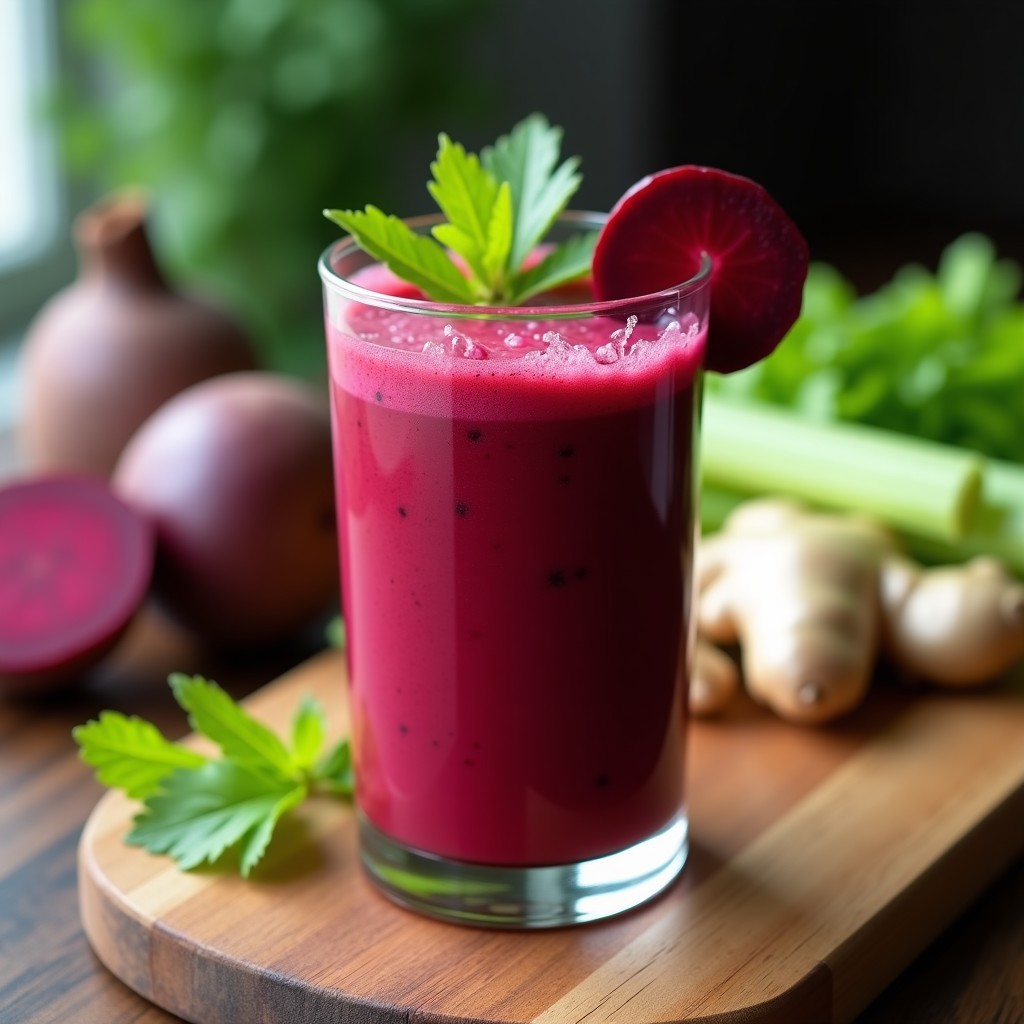Vaso alto de cristal con batido de remolacha, apio y jengibre, de color rojo intenso y textura cremosa, decorado con una rodaja fina de remolacha y una hoja de apio. Fondo con ingredientes frescos: remolacha cruda, tallos de apio y trozos de jengibre sobre una tabla de madera rústica. Bebida detox vegana para depurar el hígado.