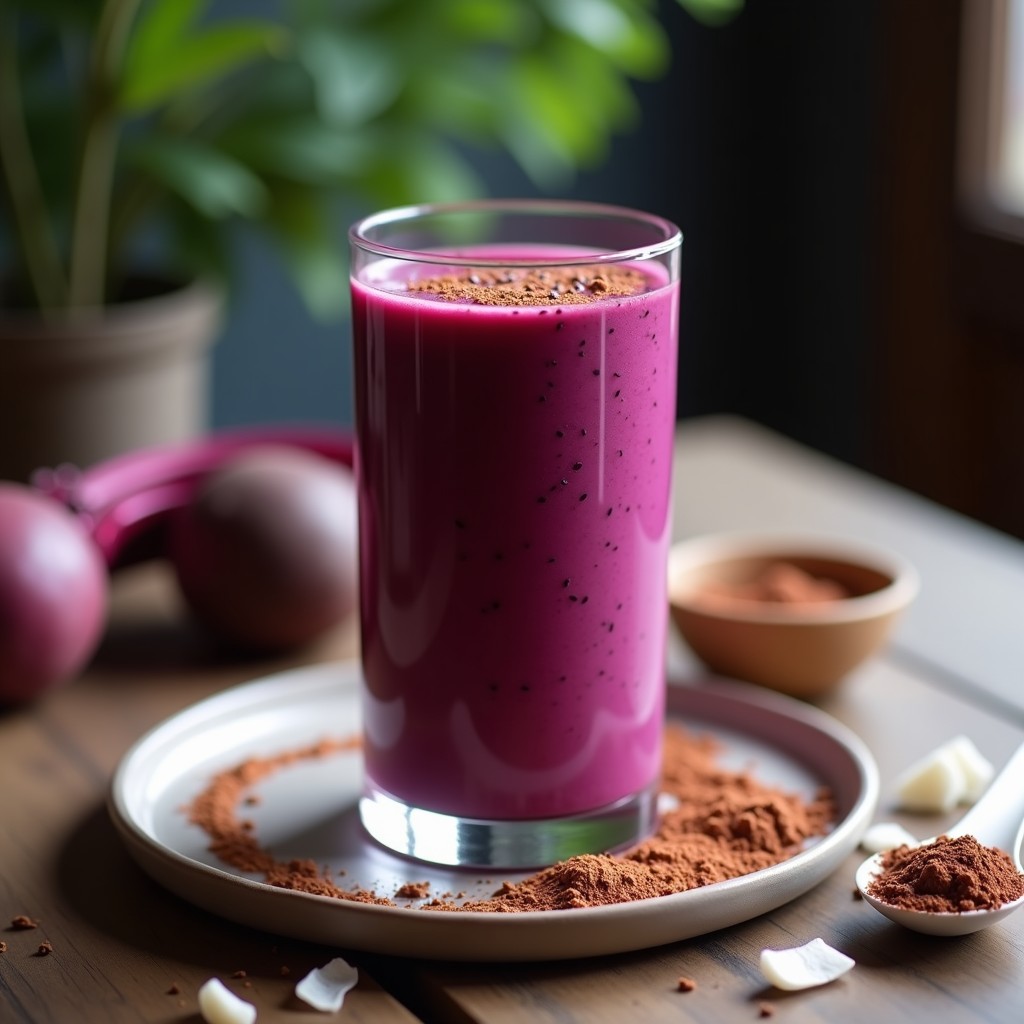 Vaso alto de cristal con batido de remolacha y cacao con maca, color morado intenso, decorado con semillas de chía y cacao en polvo, sobre una mesa de madera con ingredientes alrededor: remolacha cruda, cacao en polvo y maca en polvo.